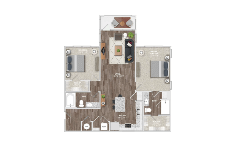 B2B - 2 bedroom floor plan layout with 2 bathrooms and 1085 square feet