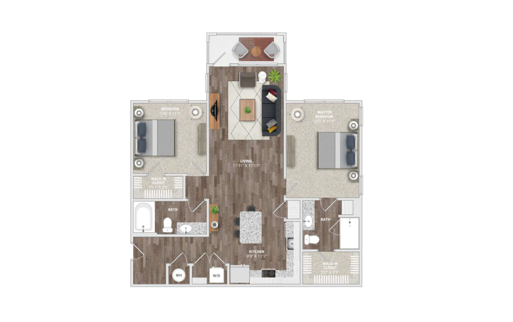 B2B - 2 bedroom floorplan layout with 2 bathrooms and 1085 square feet