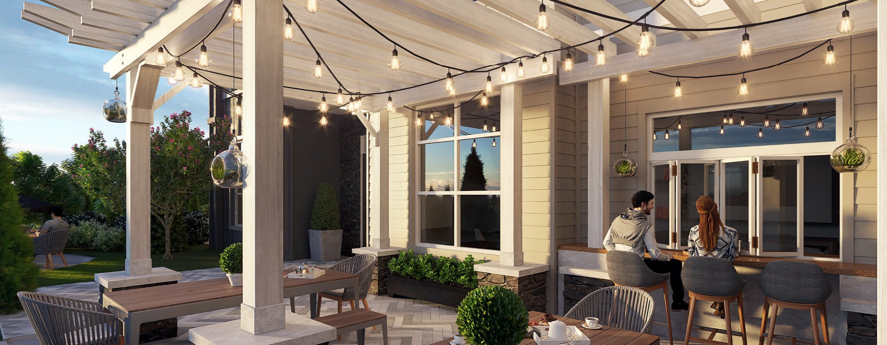 Outdoor covered patio with string lights