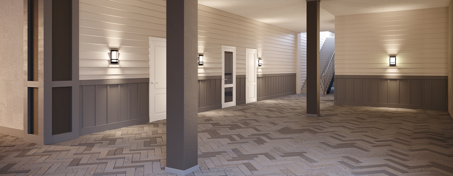 Covered Breezeway with crossed stone floor and external lights