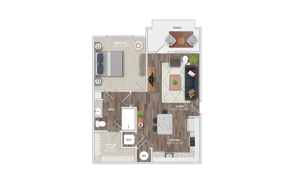 A1A - 1 bedroom floorplan layout with 1 bath and 681 square feet.