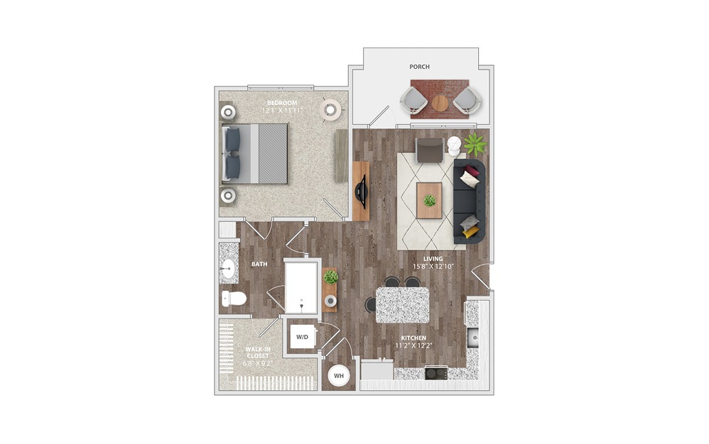 A1B - 1 bedroom floorplan layout with 1 bath and 715 square feet.