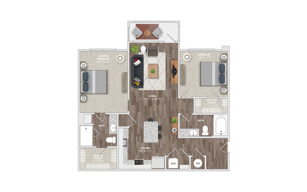B2A - 2 bedroom floorplan layout with 2 baths and 1079 square feet.