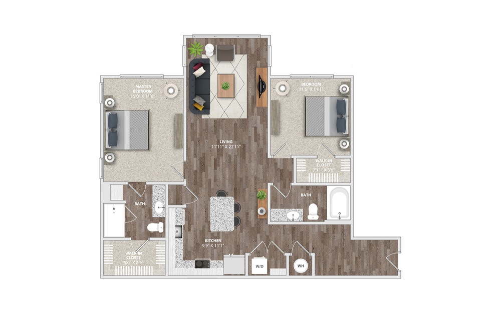 B2C - 2 bedroom floorplan layout with 2 baths and 1171 square feet.