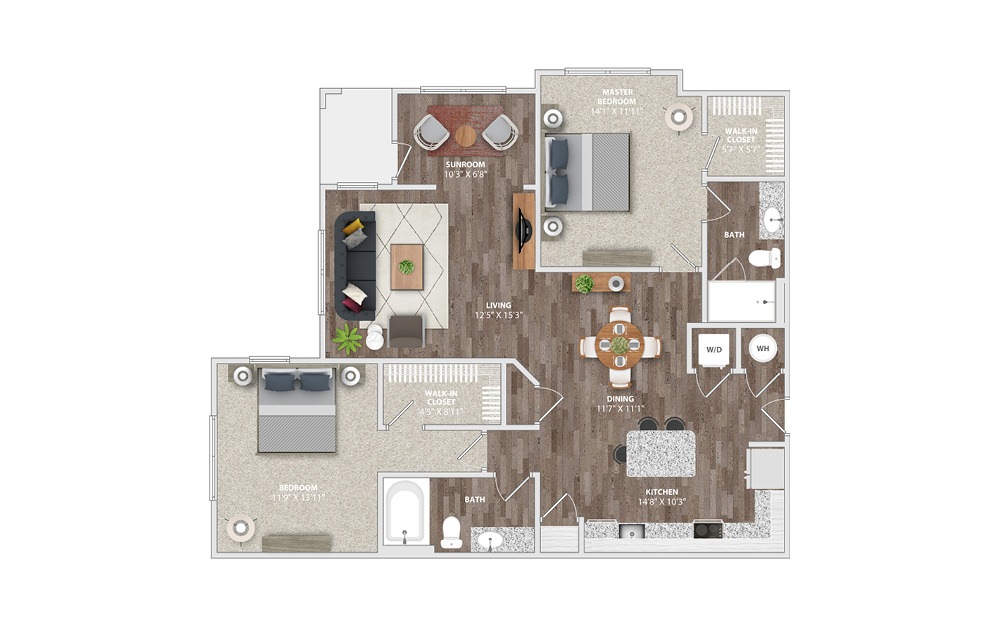 B2E - 2 bedroom floorplan layout with 2 baths and 1280 square feet.