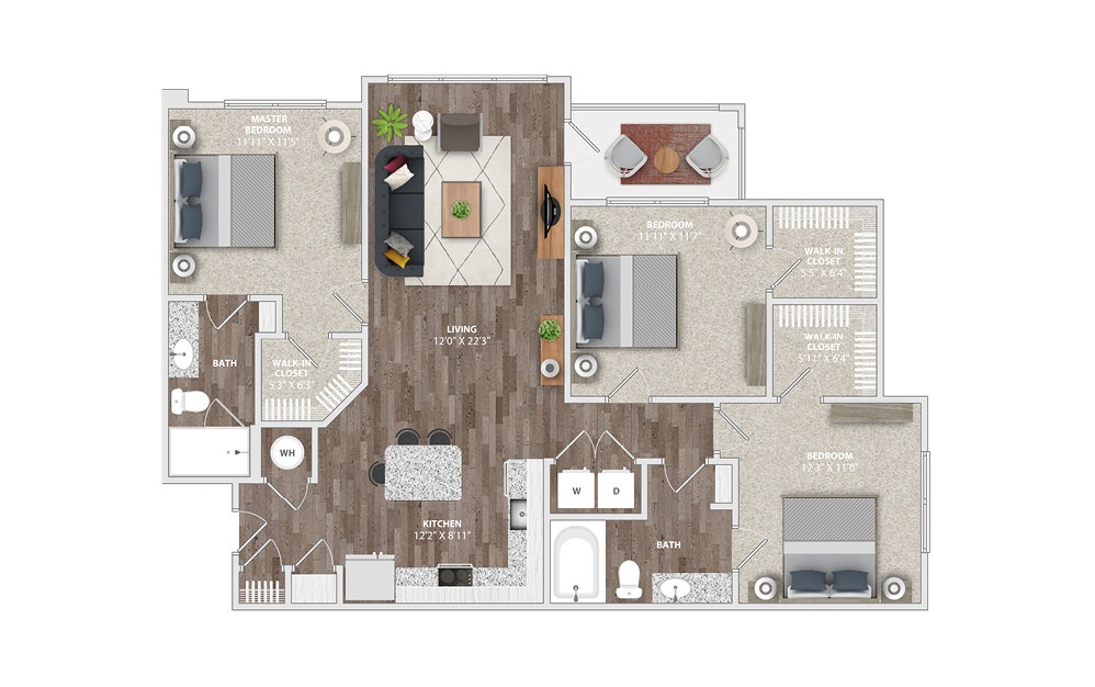C2A - 3 bedroom floorplan layout with 2 baths and 1270 square feet.