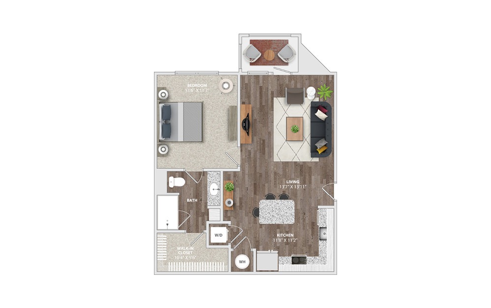 A1D - 1 bedroom floorplan layout with 1 bath and 763 square feet.