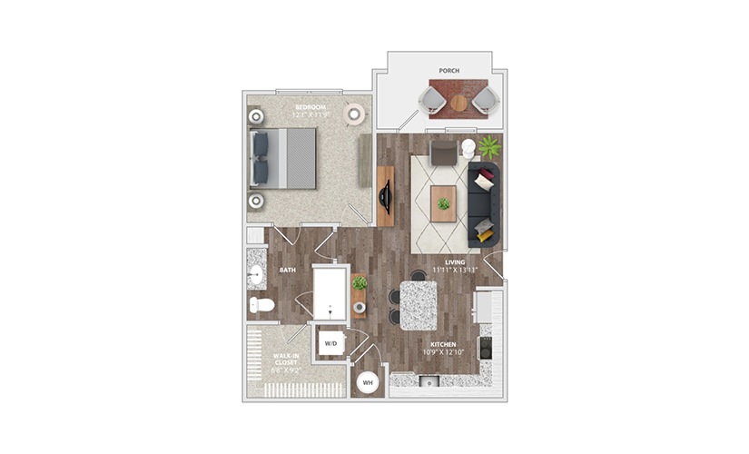 A1A - 1 bedroom floor plan layout with 1 bathroom and 681 square feet