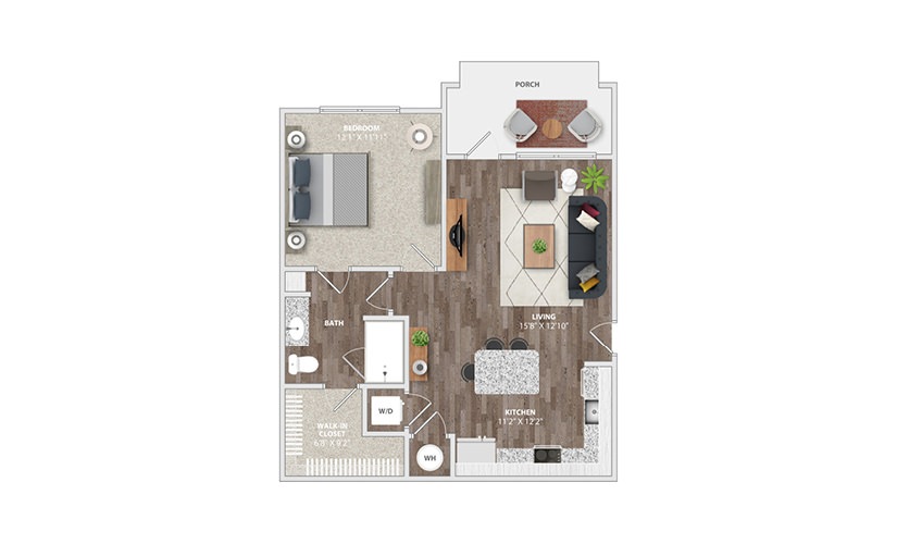 A1B - 1 bedroom floor plan layout with 1 bathroom and 715 square feet