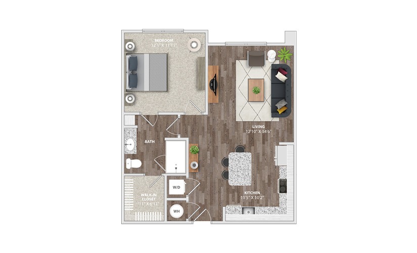 A1C - 1 bedroom floor plan layout with 1 bathroom and 737 square feet