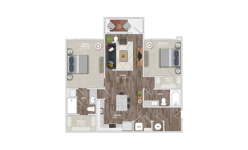 B2A - 2 bedroom floor plan layout with 2 bathrooms and 1079 square feet