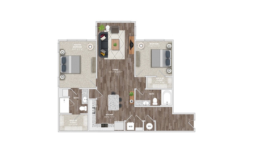 B2C - 2 bedroom floor plan layout with 2 bathrooms and 1171 square feet