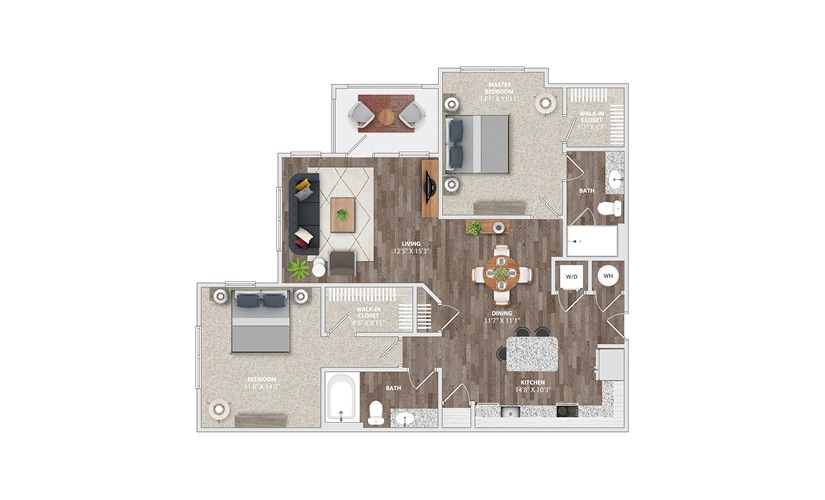 B2D - 2 bedroom floor plan layout with 2 bathrooms and 1207 square feet