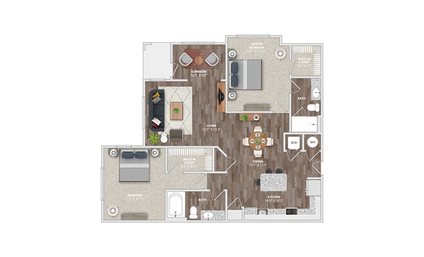 B2E - 2 bedroom floor plan layout with 2 bathrooms and 1280 square feet