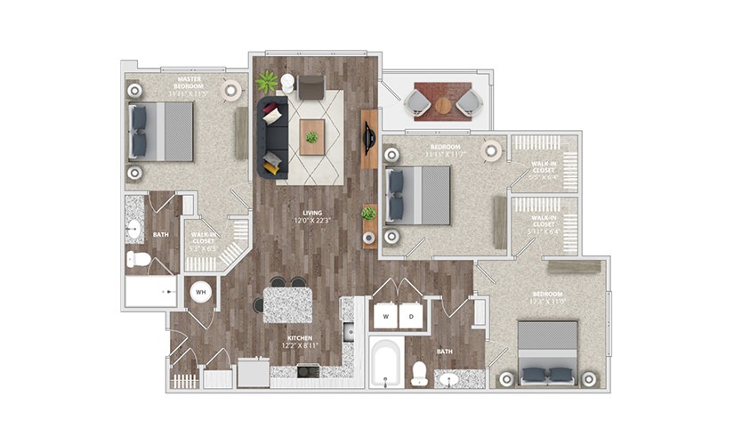 C2A - 3 bedroom floor plan layout with 2 bathrooms and 1270 square feet