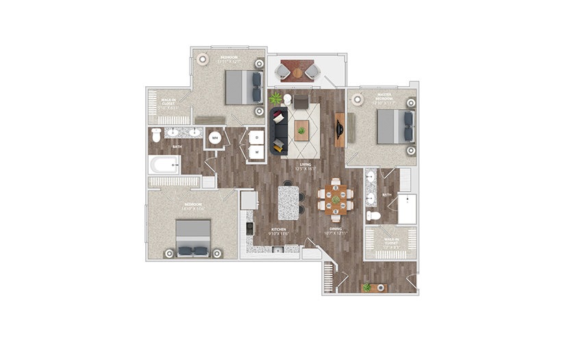 C2B - 3 bedroom floor plan layout with 2 bathrooms and 1505 square feet