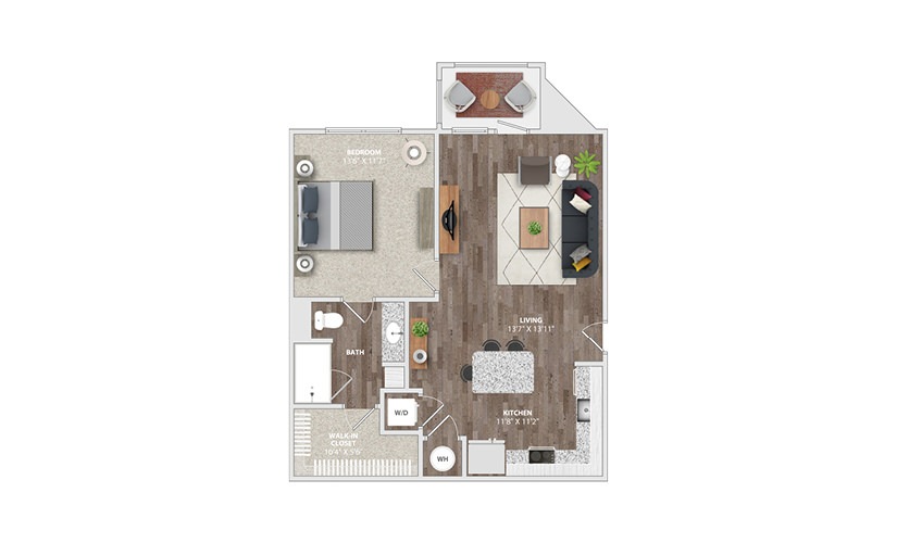 A1D - 1 bedroom floor plan layout with 1 bathroom and 763 square feet